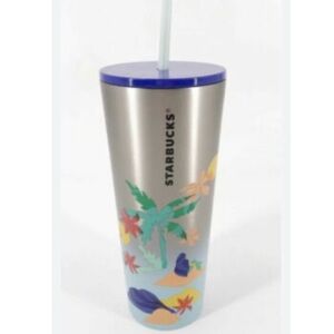 STARBUCKS Limited Stainless Steel Tumbler Mermaid & Palm Tree Beach Scene 24oz